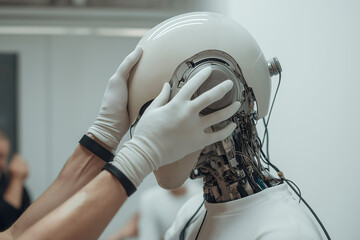 Poster - Constructing the Future: A close-up image captures the meticulous assembly of a humanoid robot, with hands carefully placing a helmet, representing the future of technology.