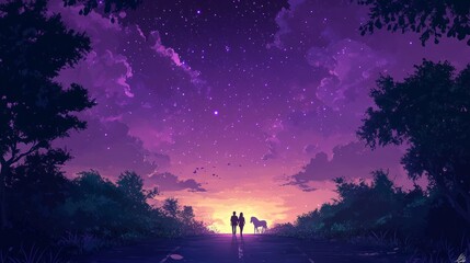 Wall Mural - a purple sky, a starry night, a road, a couple walking hand in hand.