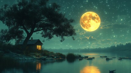 Wall Mural - a serene night scene with the moonlight reflecting on the calm waters.