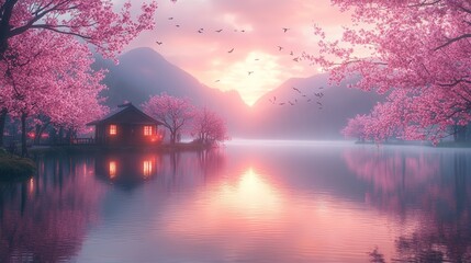 Wall Mural - a small house by the lake, surrounded by pink trees and flowers.