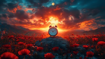 Wall Mural - Photo of alarm clock in the middle on landscape with mountains, a sunset sky, and poppy flowers.