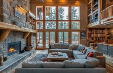Poster - Large, cozy log cabin living room with stone fireplace and wood beams, rustic-modern style, high ceilings, floor-to-ceiling windows, bookshelves on the right side and an open kitchen.