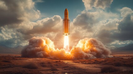 Aufkleber - A rocket is ascending high into the atmosphere, powered by intense propulsion.