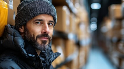 Poster - A logistics worker in warm clothing stands near stacked cardboard boxes in a warehouse. The individual appears focused on the ongoing operations and fulfillment tasks.