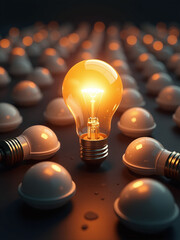 Aufkleber - One Bright Light Bulb Stands Out From A Sea Of Identical Bulbs To Represent Individuality And Uniqueness.