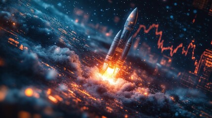 Wall Mural - futuristic rocket launch on a digital stock market chart background, a business concept for a startu
