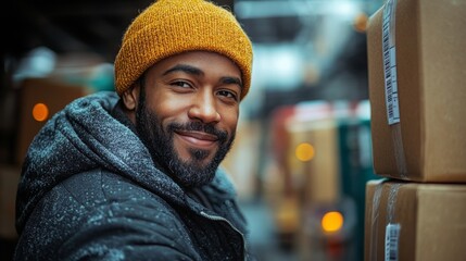 Poster - A worker wearing a yellow beanie and jacket smiles while checking inventory in a well organized warehouse, surrounded by neatly stacked boxes and soft, ambient lighting.