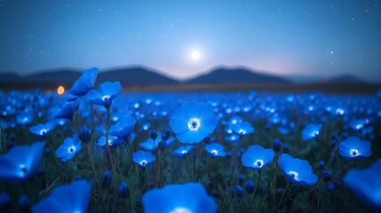 Wall Mural - the beautiful blue flowers blooms in the field in the night sky on the forest background with moonli