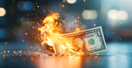 Leinwandbilder - A dollar bill ignites in flames, symbolizing the potential loss of financial stability and the importance of trusted investments.