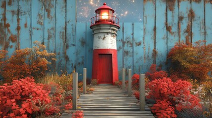 Wall Mural - Red lighthouse on the coast