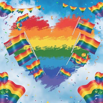 Celebrating pride month greeting card with a heart, banner for festival parades, parties, and social events. Colorful rainbow flag on dark background.