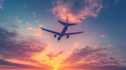 Wall Mural - airplane flying in the sky at sunset.