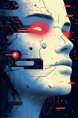 Poster - Digital Being: A mesmerizing digital artwork that seamlessly blends human features with futuristic technological elements, resulting in a captivating representation of artificial intelligence.