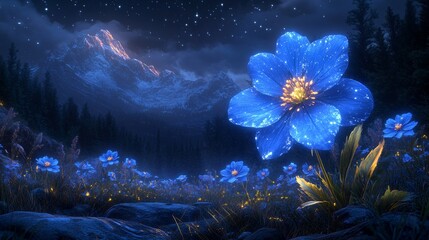 Wall Mural - the blue flower blooms in the night sky on the forest background with moonlight shining on it, fanta