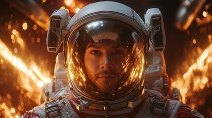 Poster - An astronaut stands ready for reentry, with sparks and flames reflecting off the helmet, illustrating the challenges of spaceflight and advanced propulsion methods in recovery.
