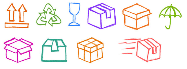Wall Mural - shipping box icons crayon chalk drawing vector set