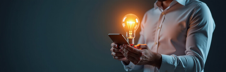 Aufkleber - Businessman Combines Laptop And Smartphone To Generate Innovative Commercial Ideas And Creative Solutions Under A Traditional Light Bulb.