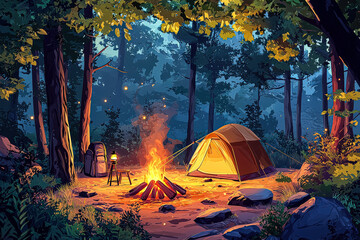 painting of a campsite with a tent, a fire, and a backpack. the mood of the painting is peaceful and