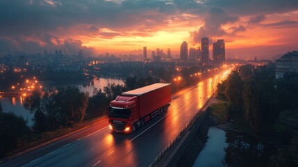 Aufkleber - A red truck drives along a city road at sunset, showcasing the transport of freight through a vibrant urban area filled with lights and buildings.