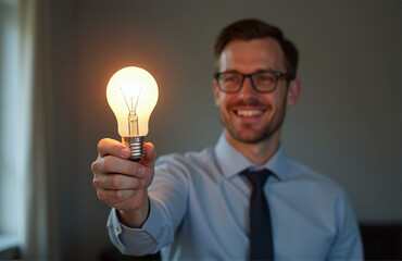 Poster - A Businessman Is Shown Holding A Light Bulb To Convey An Idea For Saving Energy And Money At Home.