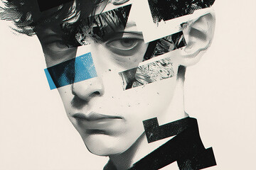 Poster - Portrait in Fragments: An artful collage portrait featuring a young person, deconstructed and reimagined with intersecting geometric shapes and intriguing abstract elements.