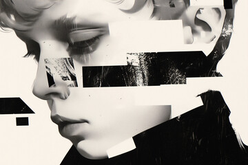 Poster - Fragmented Soul: A black and white abstract portrait of a person with a contemplative expression, dissected with fragmented geometric shapes, exploring themes of identity and perception.