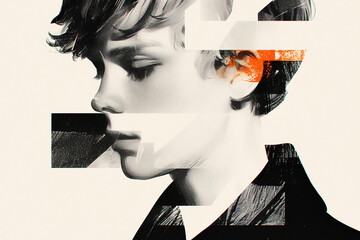 Poster - Inner Dialogue: A fragmented portrayal of a person, blending abstract art with portraiture to express the complex nature of thoughts. 