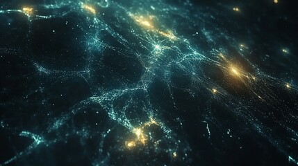 Poster - Abstract network of luminous particles.  A complex, interconnected web of glowing points and lines, creating a dynamic, futuristic design