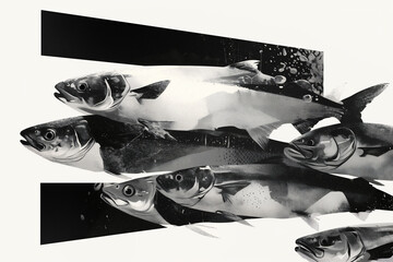 Poster - Swimming Through Geometry: An artistic monochrome study captures the dynamic interplay of fish forms layered over minimalist geometric shapes, suggesting movement and abstract patterns.