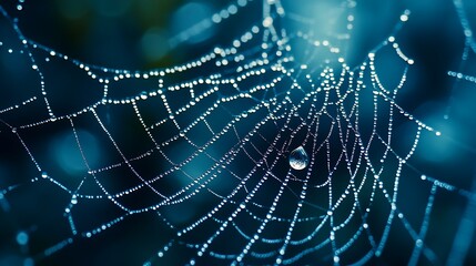 Morning dew drops cling to the spider's delicate silk web, a macro nature trap