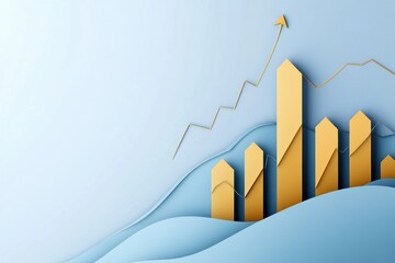 Leinwandbilder - Modern business background showcasing layered bar charts and arrows in gold and blue representing growth and analysis in a professional setting Generative AI