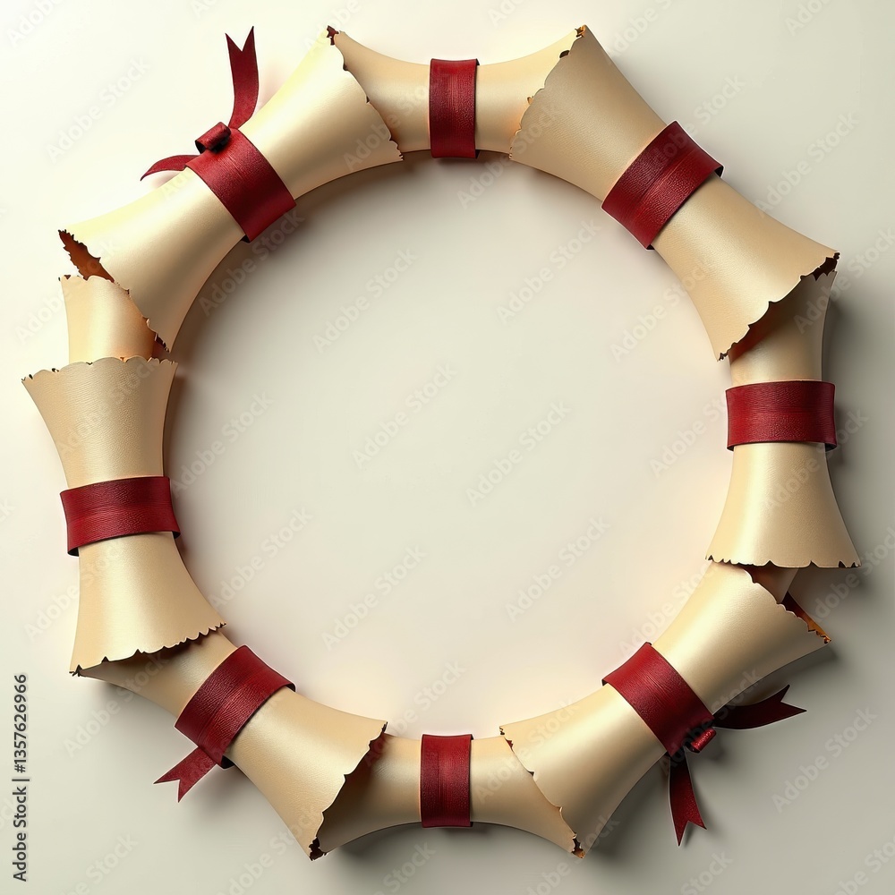 This image features a circular frame composed of rolled parchment-like ...