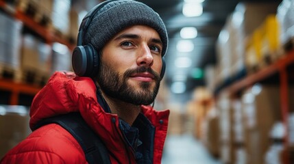 Aufkleber - A warehouse worker in a red jacket and headphones stands confidently among shelves filled with cargo and boxes, engaged in inventory tasks during a shift.