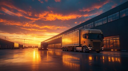 Aufkleber - Trucks are parked at a logistics warehouse during sunset. The reflective wet pavement enhances the vibrant colors of the sky, creating a striking backdrop for freight transport activities.