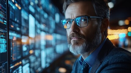 Poster - A logistics manager closely monitors warehouse operations at a distribution hub, analyzing real time inventory data displayed on numerous screens in a dynamic environment.