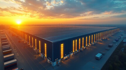 Poster - Large logistics warehouse illuminated by sunset, featuring sorting areas and storage capacity. Trucks parked nearby indicate ongoing distribution activities during evening hours.