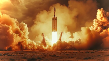Aufkleber - A rocket embarks on its journey into space, surrounded by a thick cloud of smoke and fire. The moment captures the thrust and power essential for liftoff amidst a breathtaking evening sky.