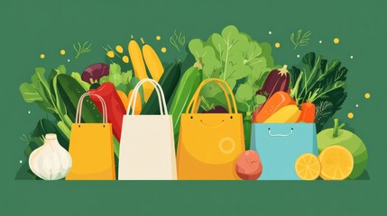 Aufkleber - Reusable grocery bags filled with fresh produce promote green and sustainable living for eco-conscious shoppers Generative AI