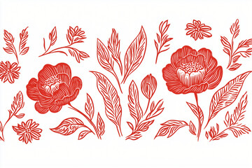 Poster - Floral Flourish: A detailed botanical illustration featuring delicate flowers and leaves in a vibrant red hue. Perfect for adding a touch of nature and elegance to your designs.
