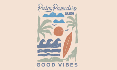 Wall Mural - Palm paradise. Surf club design. Beach modern abstract art. Beach paradise graphic print design. Enjoy beach life. Ocean abstract wave art. Summer vibes artwork.