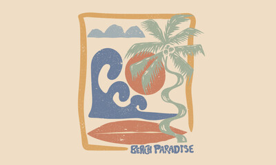 Wall Mural - Beach wave. Miami beach surf club. Modern art. Summer retro graphic print design. Beach vibes with board print design. Hand sketch beach vector design. Palm tree artwork.
