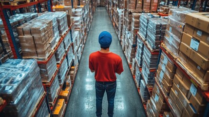 Aufkleber - A worker in a red shirt and blue hat stands between tall shelves filled with neatly packed boxes in a busy logistics distribution center, overseeing inventory management.