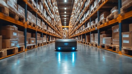 Poster - a robotic device navigates through a spacious warehouse filled with shelves stacked with boxes, enha