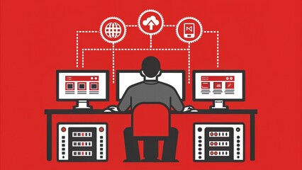 IT Infrastructure Cybersecurity Resilience. Illustration of a person working on multiple computers with digital icons above.