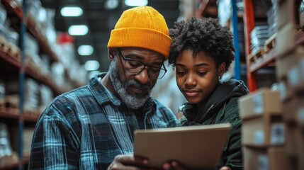 Poster - An elder and a young individual work together in a bustling warehouse, reviewing inventory details and discussing logistics to enhance distribution efficiency.
