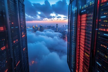 Poster - A city skyline with digital cloud icons overlay, symbolizing cloud computing technology in an urban environment. Cloud storage servers in a nighttime cityscape .