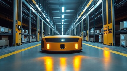 Aufkleber - A robotic system navigates through a busy logistics hub, expertly sorting and transporting inventory in a dynamic environment where efficiency is crucial for timely distribution.
