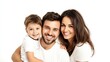 © Sengphachanh25 - Happy family portrait against a white background. A young boy sits on his father's lap, while his mother stands beside