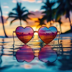 Poster - Heart-shaped sunglasses reflecting the colorful sunset on an exotic beach, surrounded by palm trees and crystal-clear water.