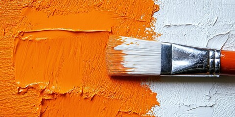 Poster - Bright orange paintbrush glides over white surface at an artist's workspace during daylight hours